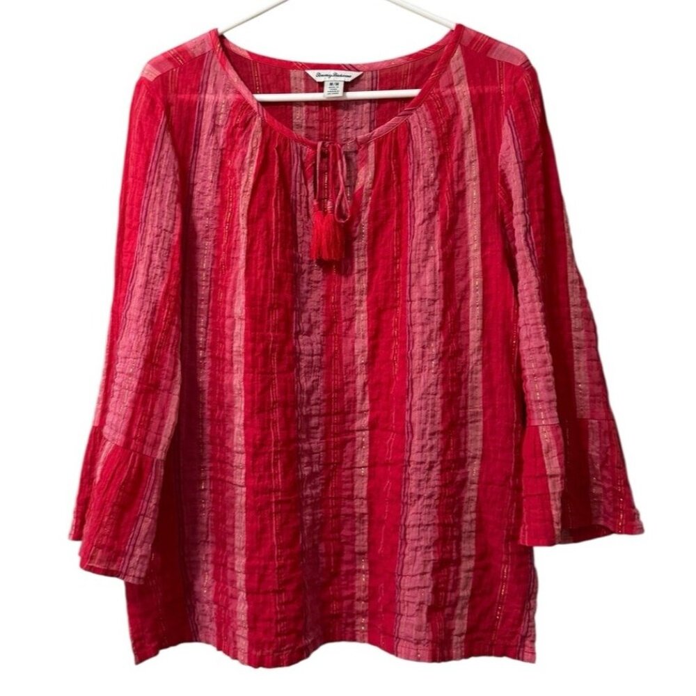 Tommy Bahama Womens Red/Pink Metallic-Stripe Top Medium 3/4 Sleeve Tie-Neck